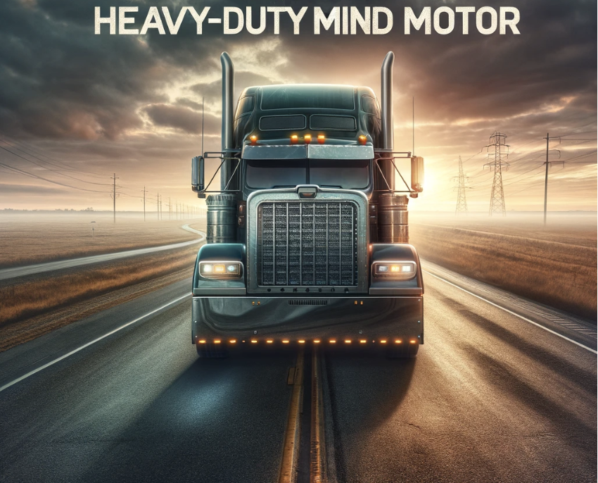 Black semi-truck with glowing lights under the title “Heavy-Duty Mind Motor”